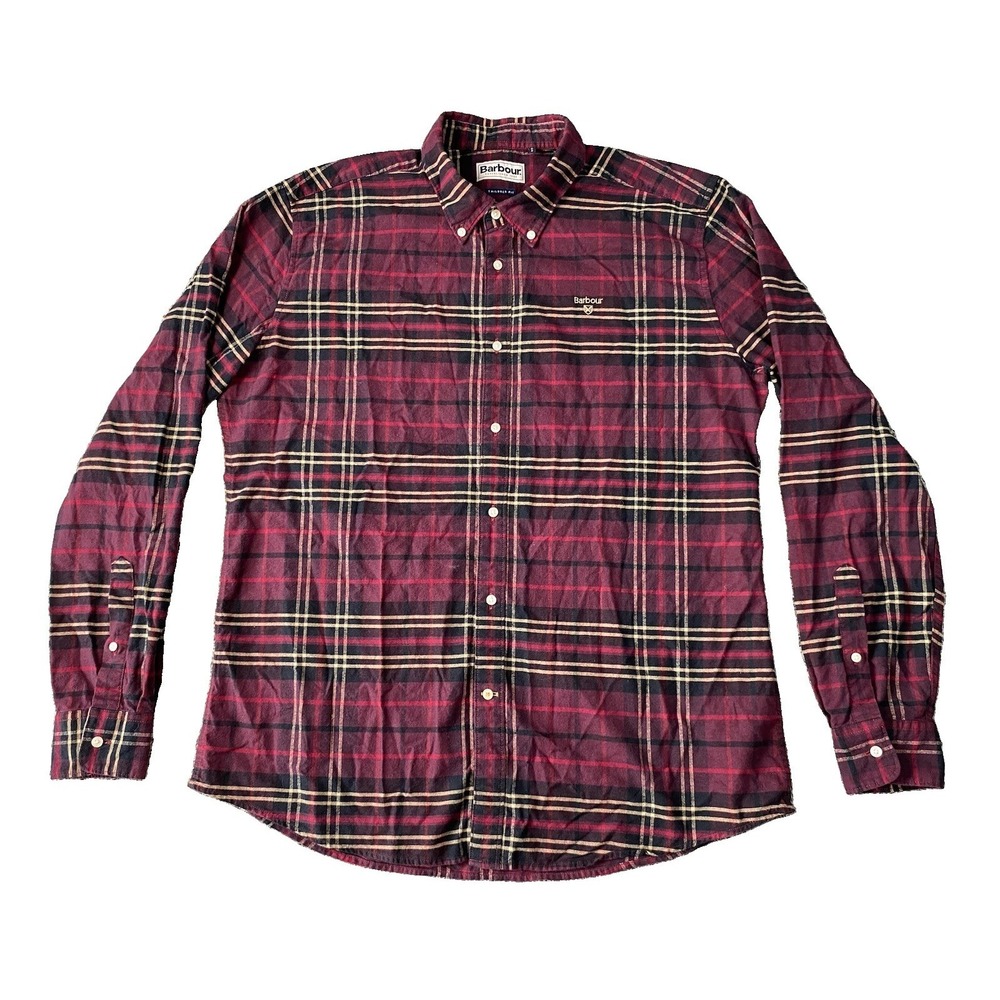 Barbour Shirt Mens XL Red Black Tartan Plaid Tailored Fit Flannel Button Up